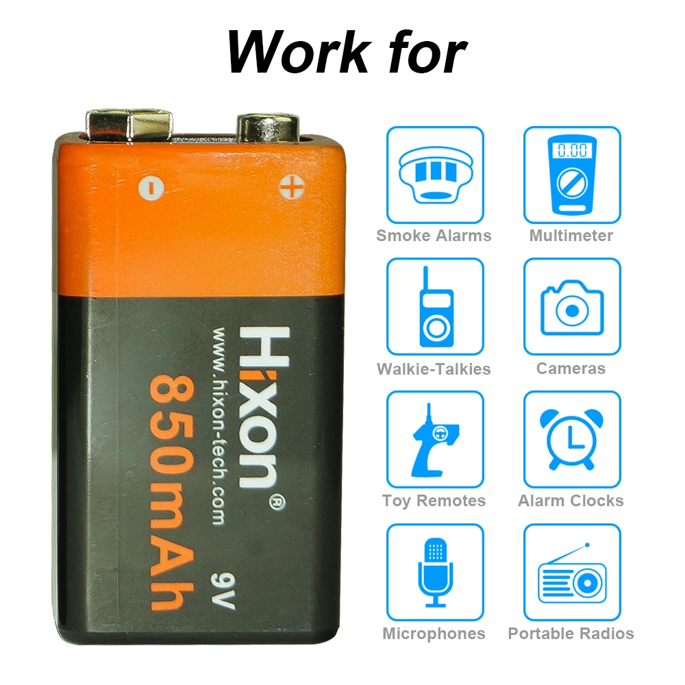 Hixon 2pcs 9V 6F22  850mAh Portected Rechargeable Li-ion Batteries and a Charger For Smoke Detector Multimeter Alarm System
