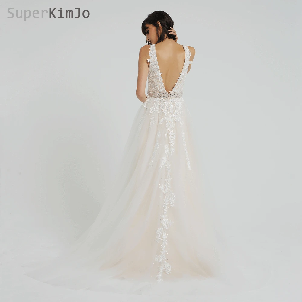 SuperKimJo 2019 Kralen Prom Jurken Vestido De Festa Lace Applique V-hals Champagne Prom Gown Vestido De Baile