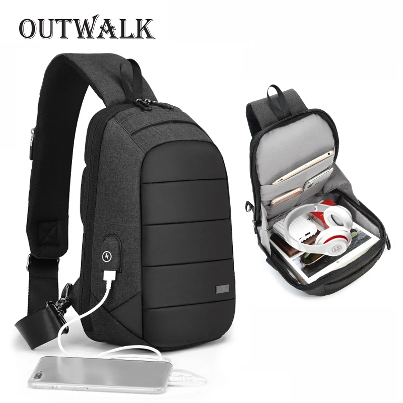 OUTWALK Male Crossbody Bags USB Charging Chest Bag for Men Anti Theft Shoulder Bag Water Repellent Short Trip Messengers Bag New