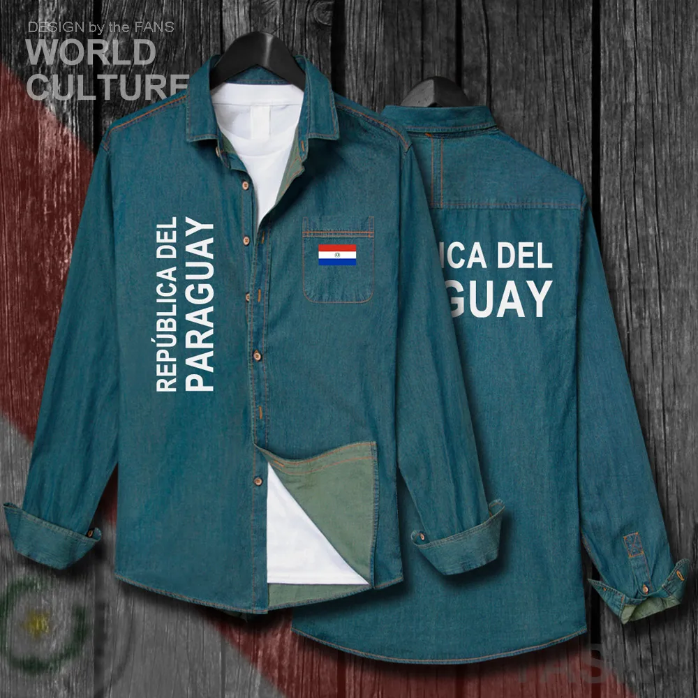 

Paraguay PRY Paraguayan Mestizo Men Flags Clothes Autumn Cotton Long Sleeve Cowboy Coat Fashion Turn-down Collar Jeans Shirt Top