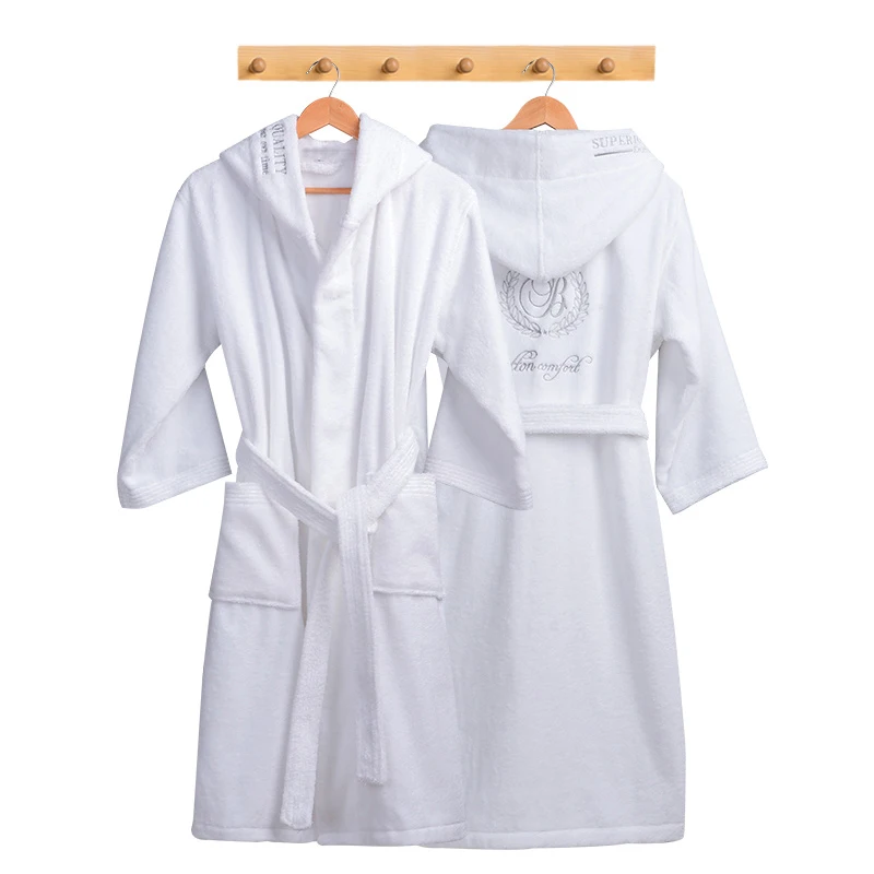 Men's Hooded Cotton Bathrobe, Gentlemen Homewear, Male Sleepwear, Lounges, Pajamas, White, Autumn, Winter