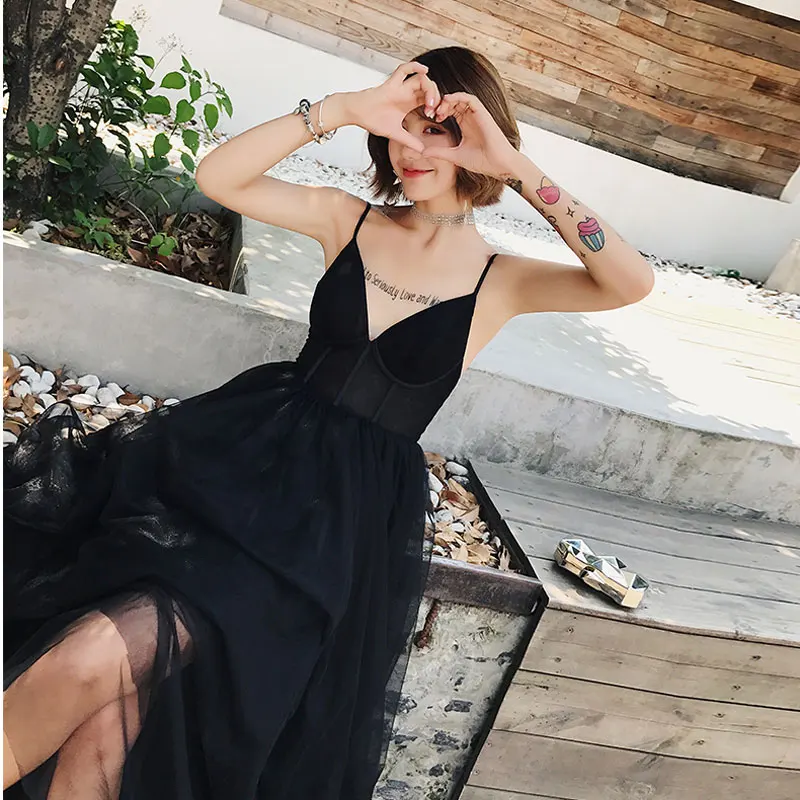 FADISTEE-vestidos negros de tul suave para mujer, vestidos largos ajustados con cuello en V, vestido de novia elegante con borla, vestido de graduación sexy con cuello en V 2019