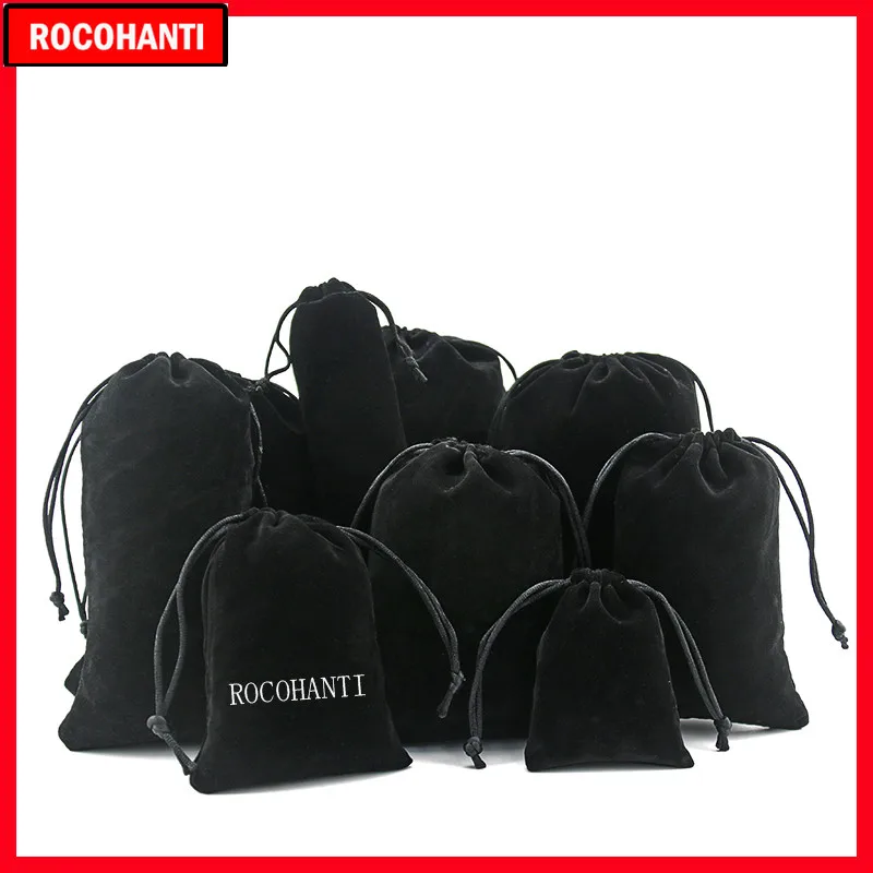 100pcs Custom LOGO Printed Black Velvet Bag Drawstring Gift Pouch for Jewelry Mobile Phone Retail Packaging Organizer Bags