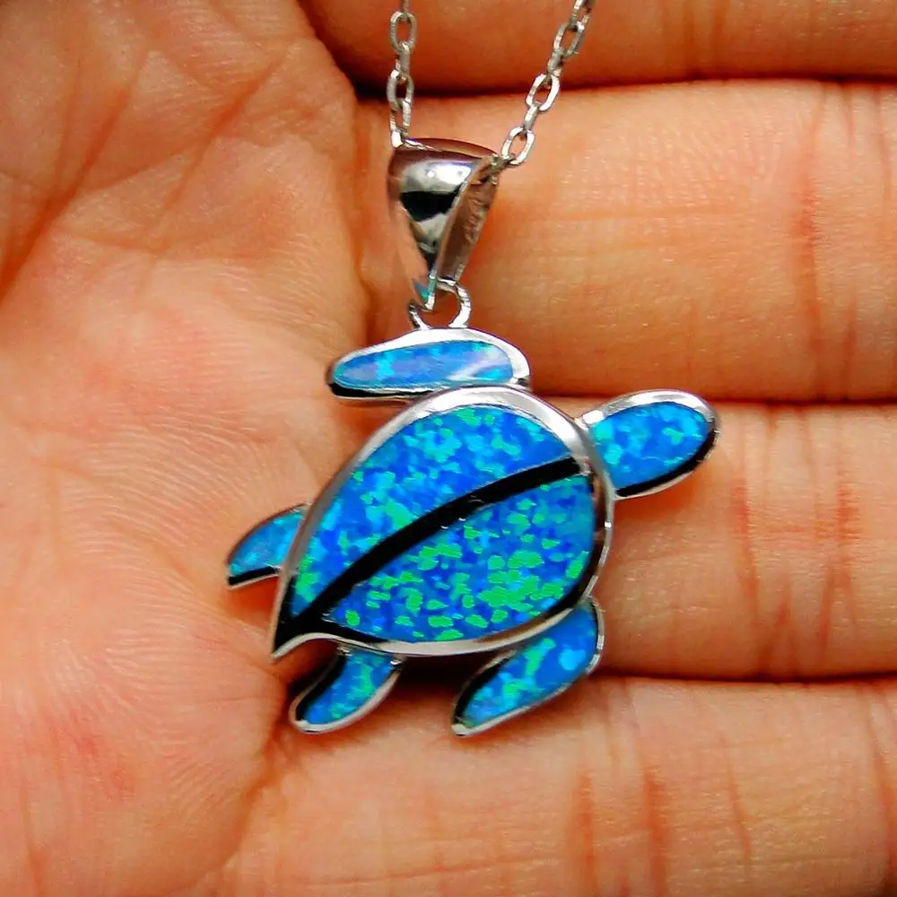 Beautiful 925 Sterling Silver Opal Pendant Blue Fire Opal Sea Turtle Pendant Necklace for Women Gift