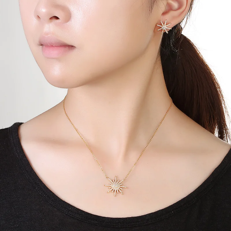 Hadiyana European And American Fashion Versatile Shining Eight-pointed Star Earrings Necklace Trend Clavicle Chain Sets TZ5026