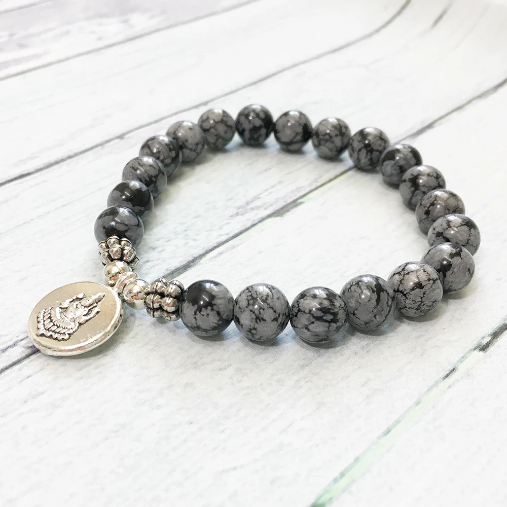 Ruberthen Buddha Charm Yoga Bracelet AAA Grand Snowflake Obsidian Men`s Bracelet Energy Protection Emotional Wellness Bracelet