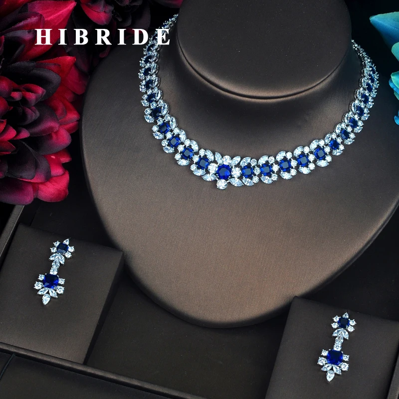 HIBRIDE Luxury Wreath Shape Inlaid Blue CZ Pave Shiny Women Jewelry Sets Necklace Sets Dress Accessories Wholesale Price N-405