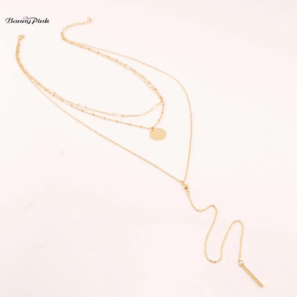 Banny Pink Hot Fashion Europen Choker Necklace Simple Multi Layer Gold Body Chain Choker Collar Metal Stick Bar Pendant Clavicle