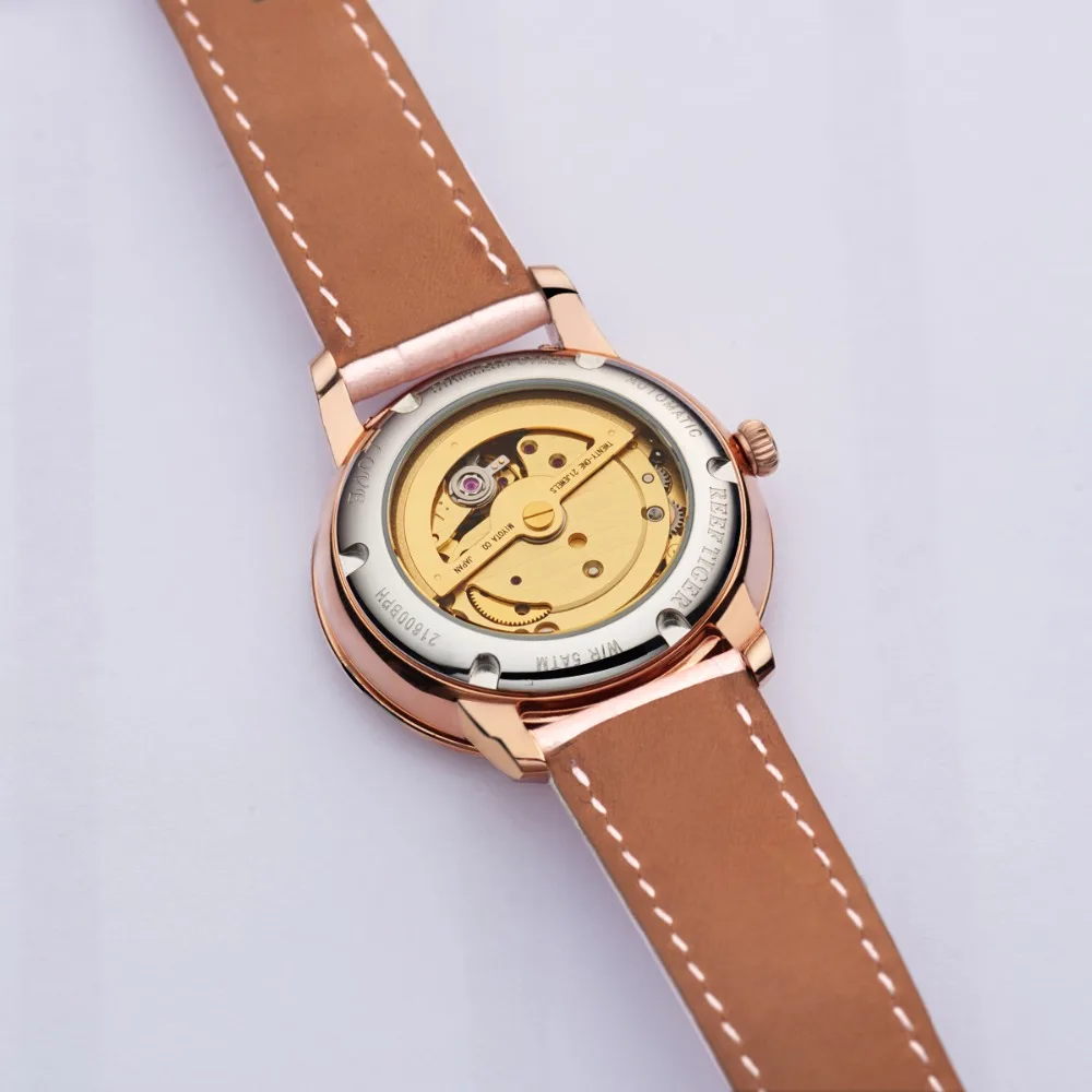 Reef Tiger/RT Women Fashion Watches New Rose Gold Luxury Automatic Watches Leather Band relogio feminino RGA1582