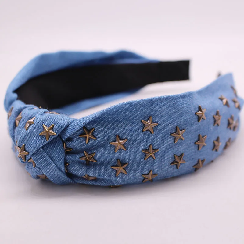 Bohemian Ethnic Denim Center Knot  Hairband Metal Star Stamping Knotted Headband Hair Accessories