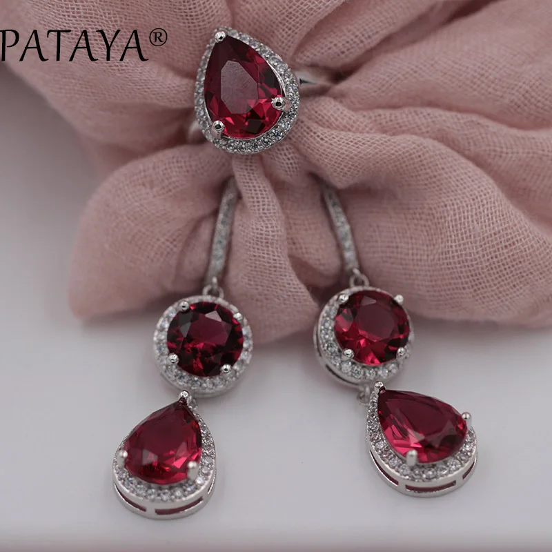 

PATAYA Wedding Jewelry Set Brides Red Natural Ring Long Earrings Romantic Engagement Wedding True White Gold Color Jewelry Sets