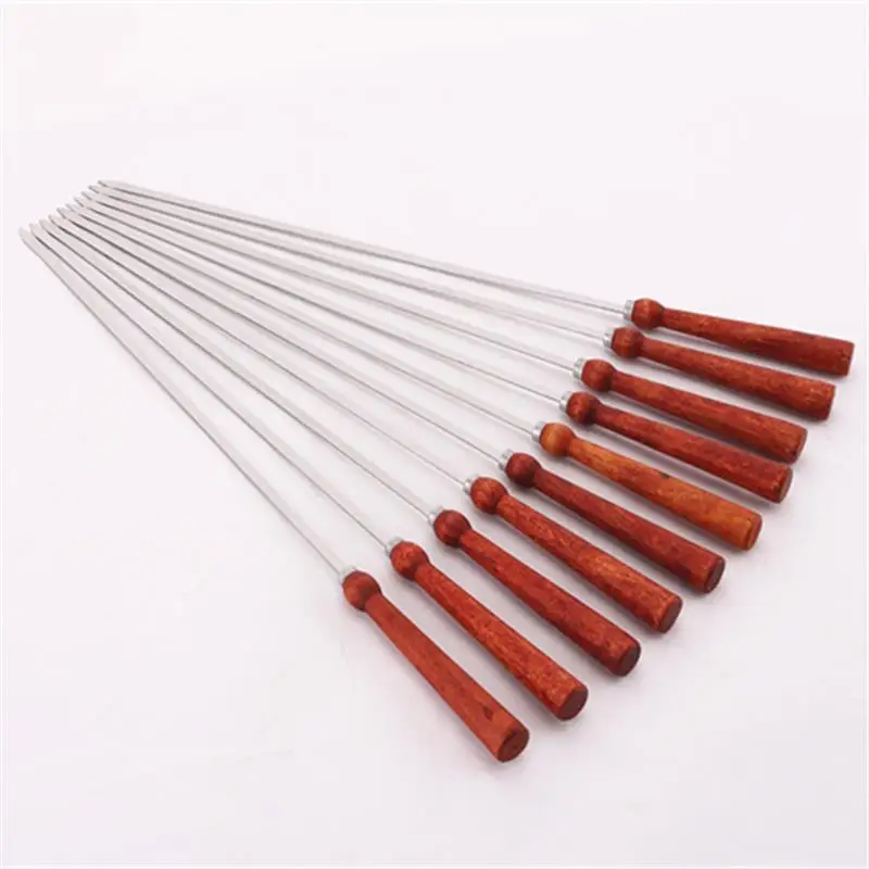 6-10pcs Wood handle BBQ Skewers Stainless Steel Flat Kebob Barbecue Skewer Long Meat Grill Needle Sticks BBQ Accessory 16.9