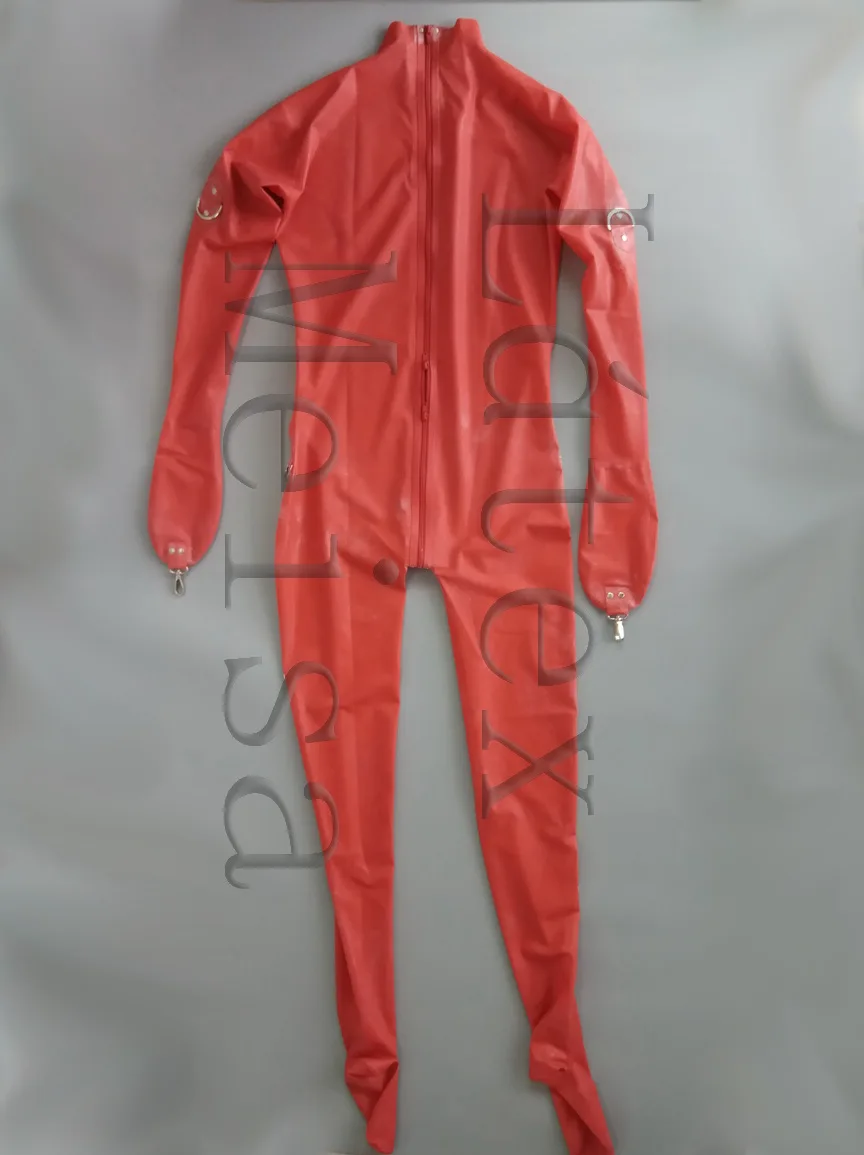 Roupa de gato zentai de látex anexada ao zíper para abdômen e incluindo fivelas de anel d, luvas e meias em cor vermelha