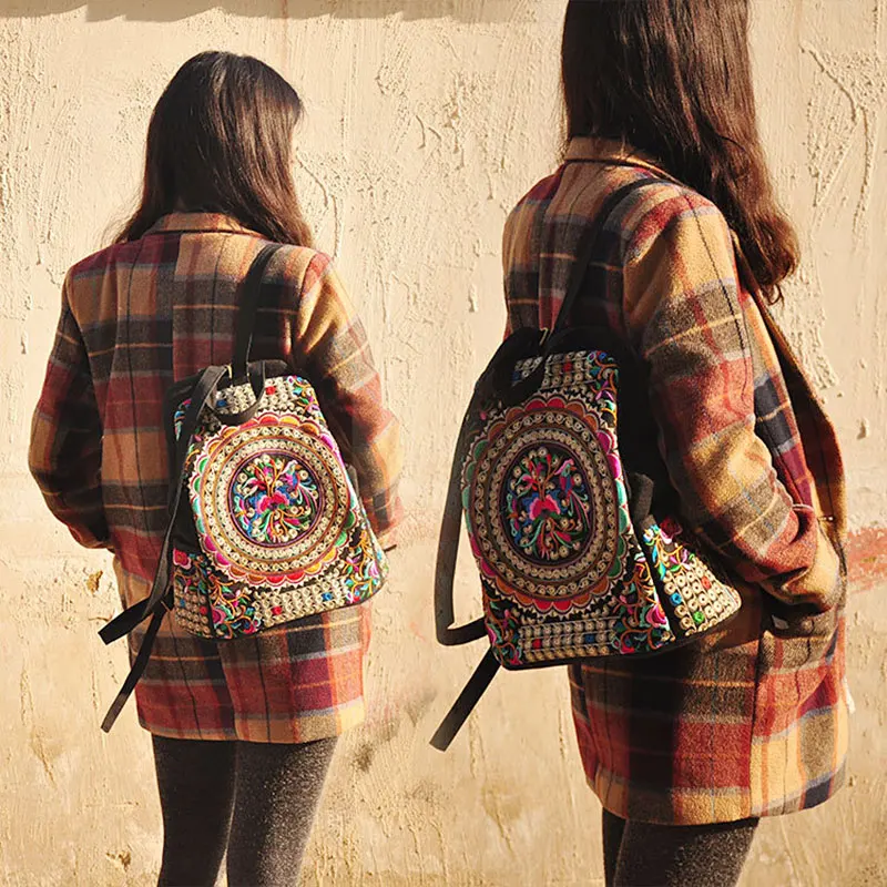 Veowalk Vintage Artistic Embroidered Women Canvas Backpacks Handmade Floral Embroidery Rucksack Schoolbag Denim Travel Bags