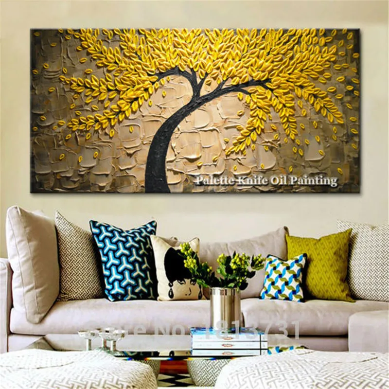 

Canvas oil painting caudros decoracion Palette Knife yellow tree wall art pictures for living room 3D texture painting quadros14