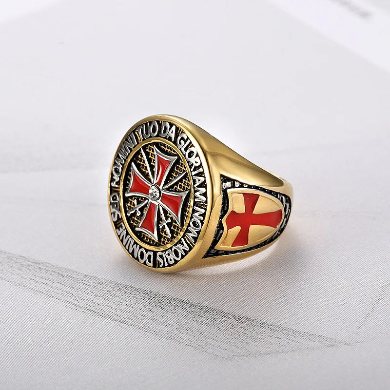 Classic Retro Iron Knights Templar Men Rings Size 7-15 Real Stainless Steel Red Enamel Cross Ring ShiningCubic Zirconia R725G