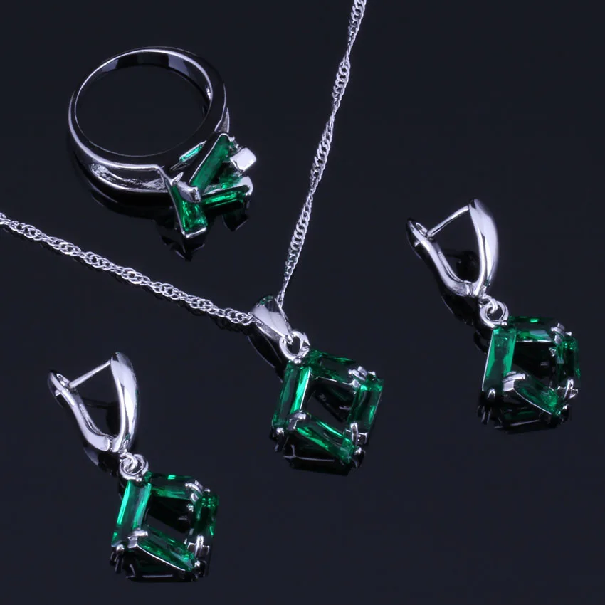 Glamorous Quadrilateral Green Cubic Zirconia Silver Plated Jewelry Sets Earrings Pendant Chain Ring V0972