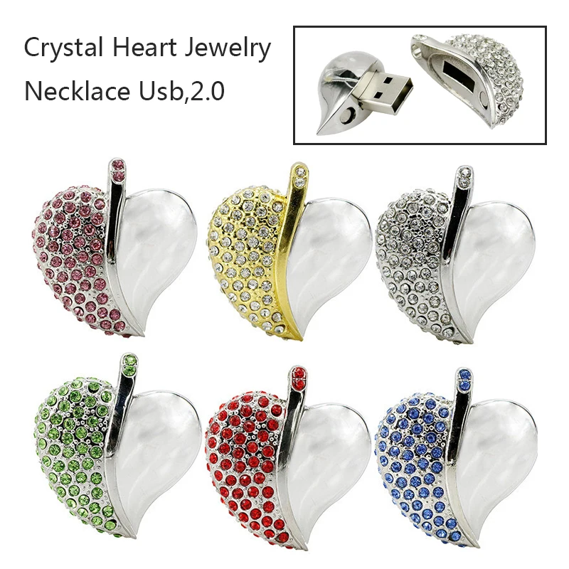 

Loving Heart Crystal Necklace Usb 2.0 Usb Flash Drives Thumb Pendrive U Disk 4GB 8GB 16GB 32GB Usb Creative Memory Stick Storage