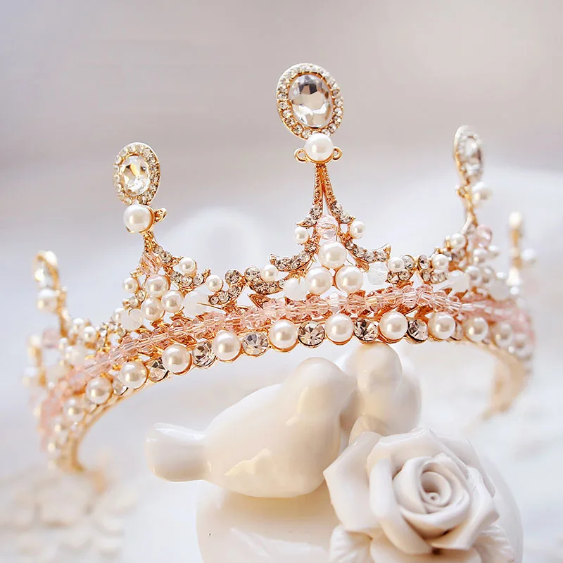 Delicate Enchanting Clear Crystal Rose Gold Color Crown Simulated Pearl Baroque Jewelry Tiaras For Wedding Bride Queen   H-11-12