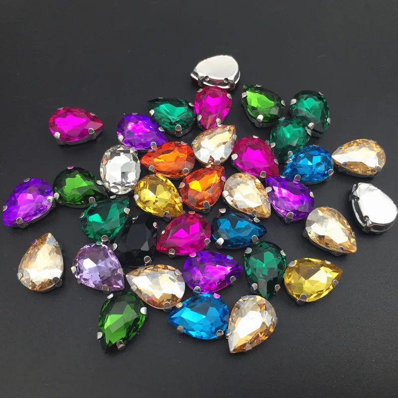 Pera 7x10, 10x14 ~ 30x40 millimetri di Cristallo di vetro Argento artiglio molti colori di acqua goccia a goccia Cuce sui branelli del rhinestone