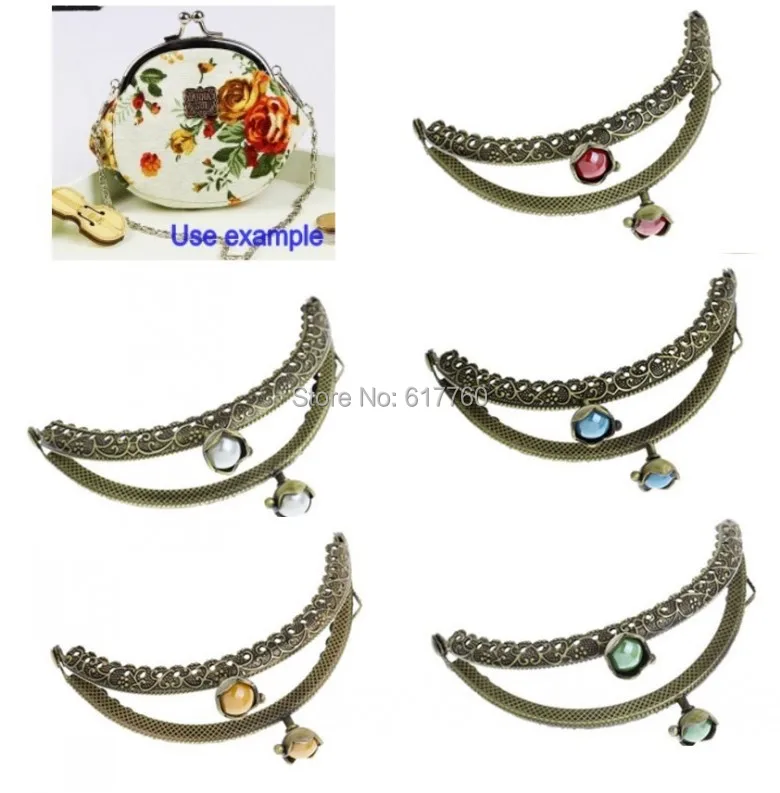 

5PC Metal Frame Kiss Clasp Arch For Purse Bag Antique Bronze Mixed AB Color Resin Ball Flower Pattern 13cm x 7cm J2622