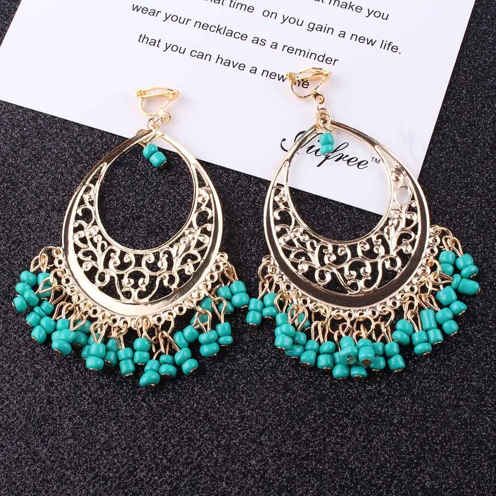 Big Statement Retro Vintage beads Clip On Earrings for Women 4 color New Arrival Fashionable Gold Color Alloy Charming Earrings