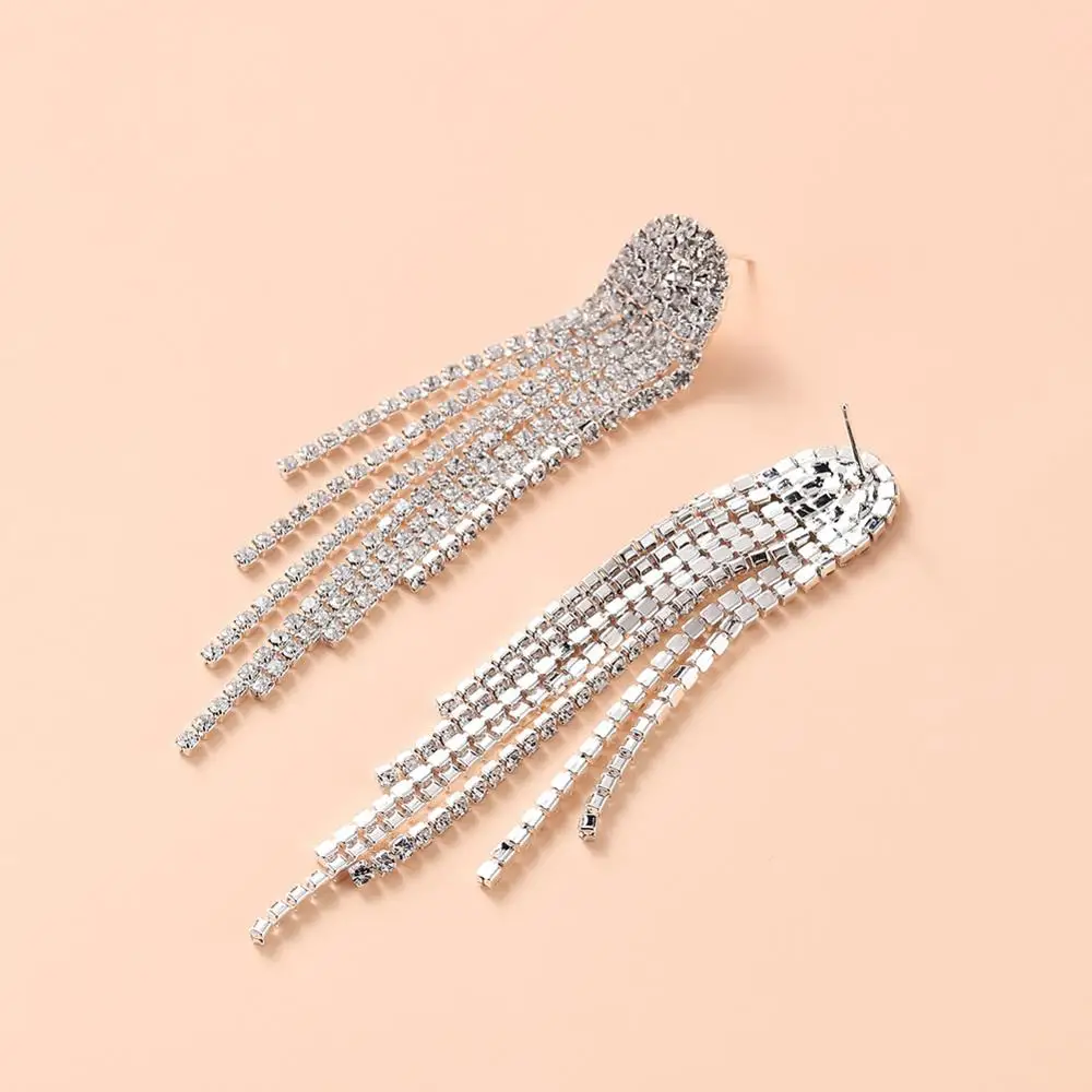 TREAZY NEW Rhinestone Wedding Drop Earrings for Women Silver Color Crystal Bridal Long Tassel Hanging Earring Night Club Jewelry