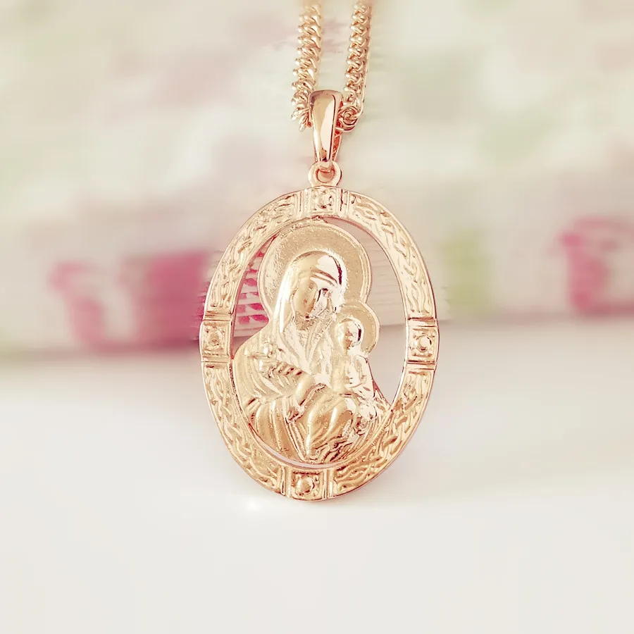 Blessed Virgin Mary And Son Pendant Necklace  New Fashion Religious Jewelry Trendy 585 Gold Color Women Jewelry