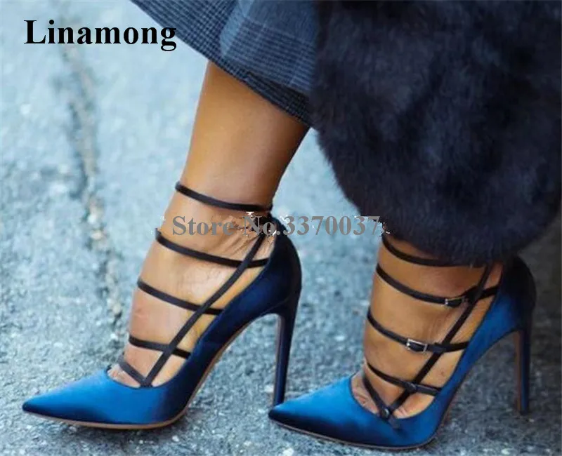 

Linamong Fashion Pointed Toe Suede Leather Stiletto Heel Pumps Blue White Thin Straps Cross High Heels Formal Dress Shoes