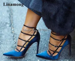 Linamong Fashion Pointed Toe Suede Leather Stiletto Heel Pumps Blue White Thin Straps Cross High Heels Formal Dress Shoes