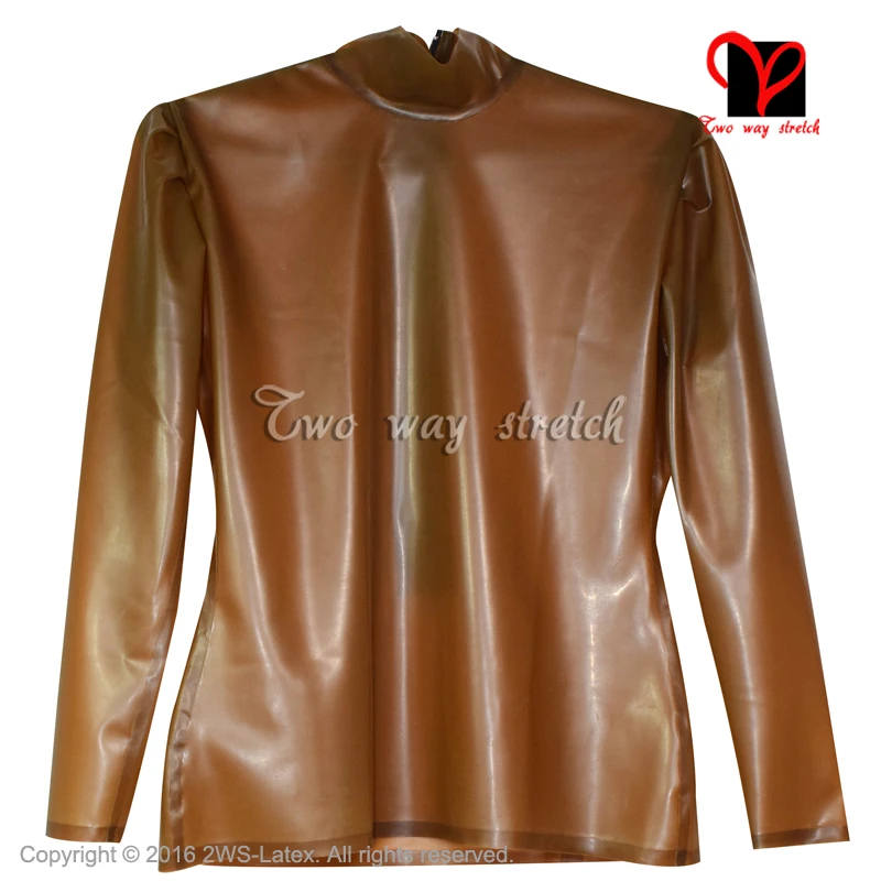 Sexy transparent brown Latex blouse Long sleeves Rubber shirt Gummi Uniform blazer Top clothes clothing plus size XXXL SY-065