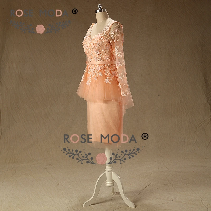 Rose Moda Long Sleeves 3D Floral Short Peach Prom Dress Real Photos