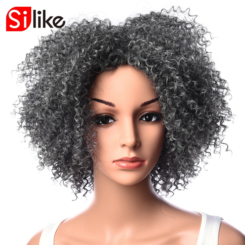 Silikeสั้นAfro Kinky Curlyวิกผมวิกผมสังเคราะห์สีดำผู้หญิงสีเทาเข้มเส้นใยสังเคราะห์Wigs