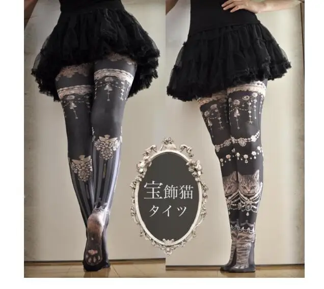 New Women Tights With Cats Harajuku Tattoo Cat Pantyhose Female Fancy Party Pants For Women pantyhoses Lolita