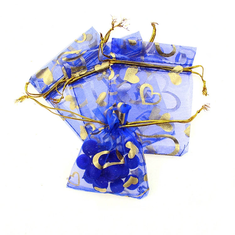 

15*20cm 50pcs Deep Blue Gold Heart Gift Bags For Jewelry/wedding/christmas/birthday Yarn Bag With Handles Packaging Organza Bags