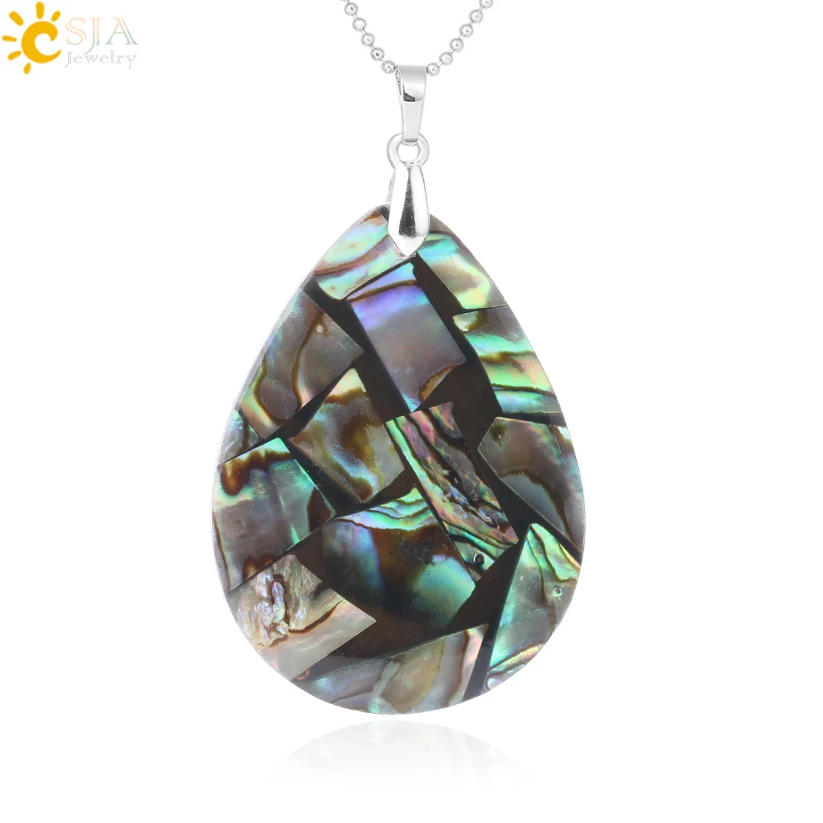 CSJA Natural Abalone Shell Necklace Pendant Water Drop New Zealand Oyster Sea Mother of Pearl Shell Jewelry for Women Girl F843