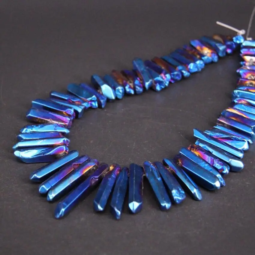 

15.5"strand Polished Blue Titanium Crystal Quartz Top Drilled Point Beads,Raw Crystal Stick Graduated Pendants Jewelry Making