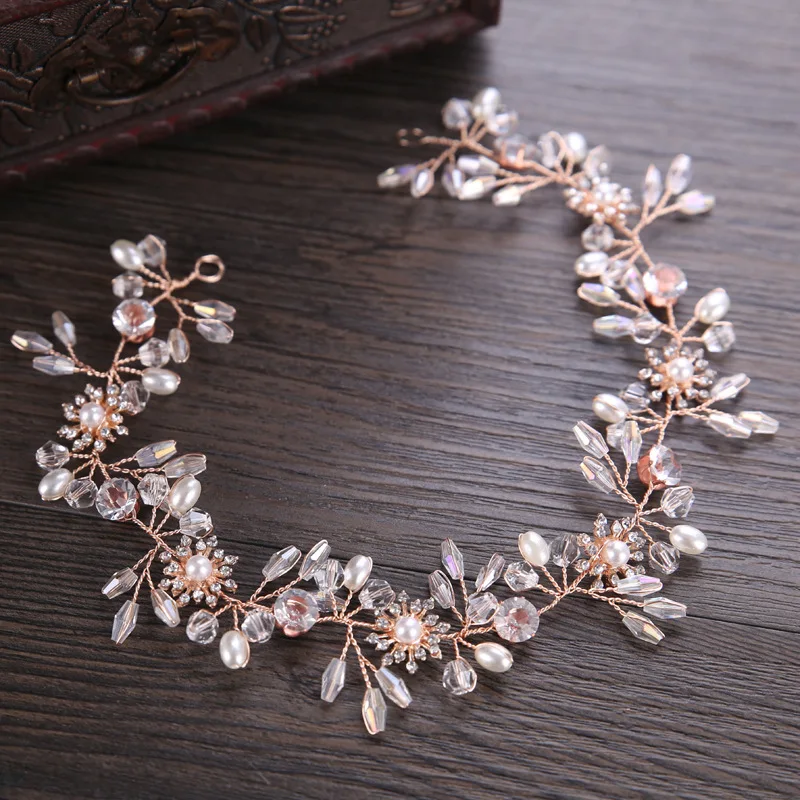 KMVEXO Gorgeous Rose Gold Color Rhinestones Crystals Pearls Flower Wedding Headband Bridesmaid Bridal Hair Vine Hair Accessories