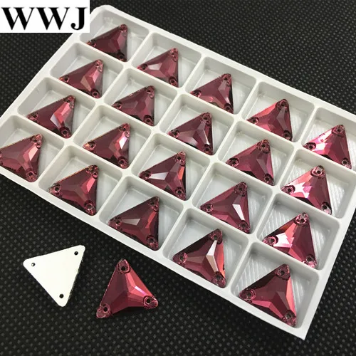 New 30Pcs 16mm Burgundy Color Triangle Shape Glass Sew On Stone Flatback 3 Holes Sewing Rhinestones Jewelry Beads