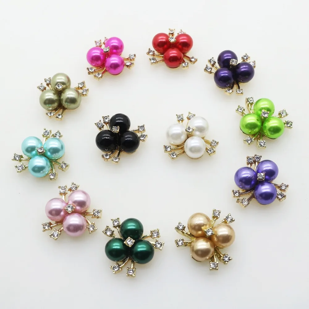 Wholesale 100pcs Features Colorful Flower core Rhinestone Pearl Buttons for alloy crystal brooch DIY manual Embellishment button