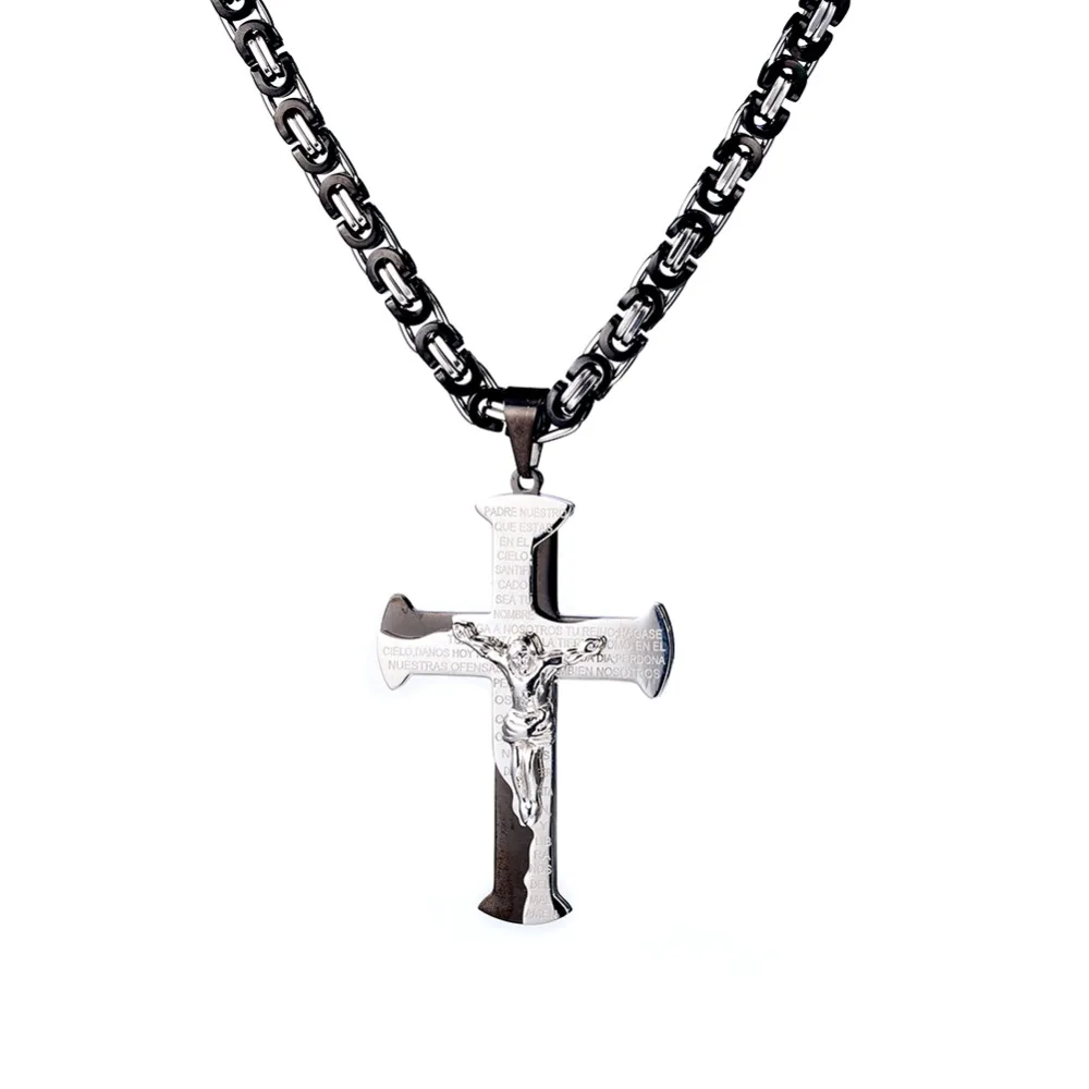 Jesus Crucifixion Pendant Cross Necklace for Men Women Three Colors Stainless Steel Byzantine Chain Christian Baptism Jewelry