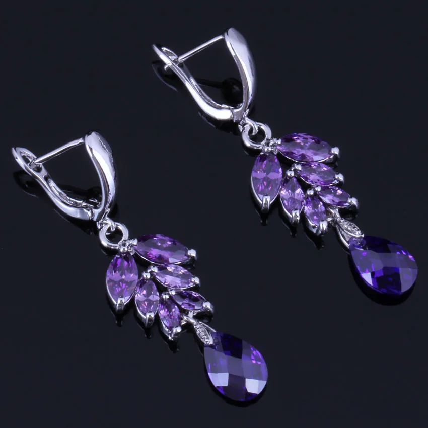 Flawless Water Drop Purple Cubic Zirconia Silver Plated Drop Dangle Earrings V1008