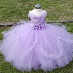 2-8Y Flower Girl Princess Dress Kid Party Pageant Wedding Bridesmaid Tutu Dresses Pink Lavender Kids Dress for Girls PT153