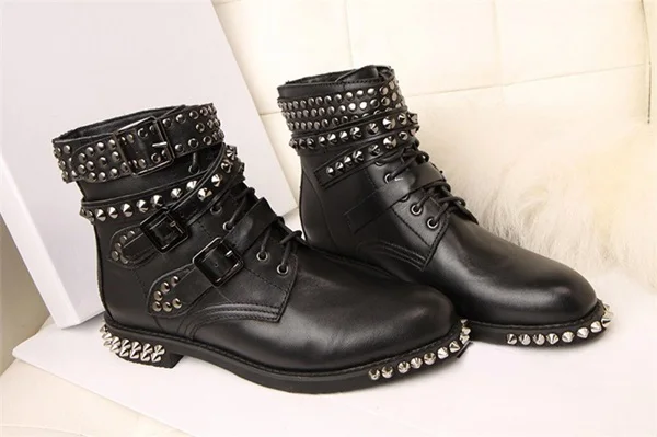 Wowmen Sexy Rivets Knight Boots Low Heel Buckle Strap Ankle Boots Punk Style Studded Riding Boots Motorcycle Ankle Boots Spike