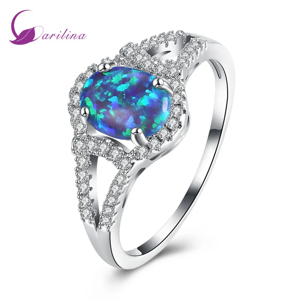 

New Arrival Silver Color Elegant Fire Blue Opal Ring With AAA Cubic Zircon Best Gift Wedding Ring R2087