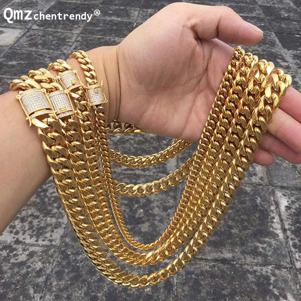 

Hip Hop Miami Cuban Link Chains Necklaces Stainless Steel Casting Cubic Zircon Clasp Iced Out For Men Women Luxury Accessories