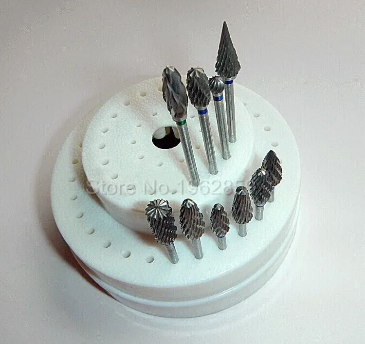 

10Pcs Dental Tungsten Steel Nitrate Carbide Burs Drills Dentistry 2.35mm Dental Burs+1pc 60 Holes Block Holder