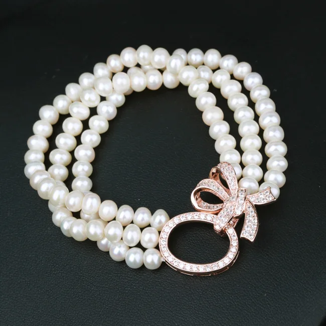 3rows freshwater pearl near round 8-9mm necklace bracelet wholesale beads 18-20inch  nature unique clasp