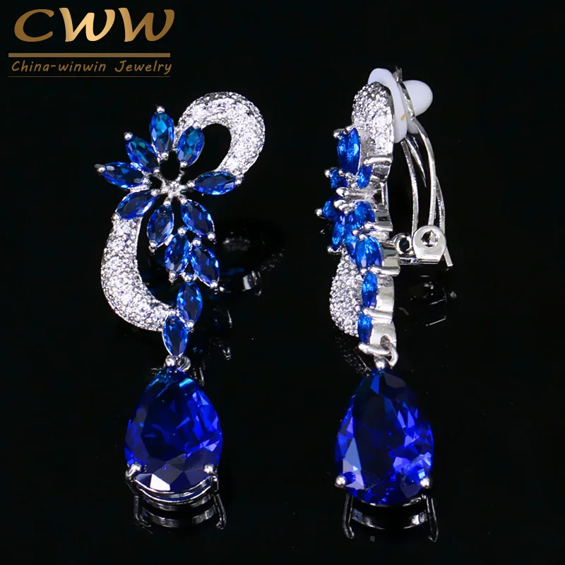 CWWZircons Non Pierced Vintage Royal Blue CZ Crystal Flower Shape No Hole Ear Bridal Clip Earrings without Piercing CZ023