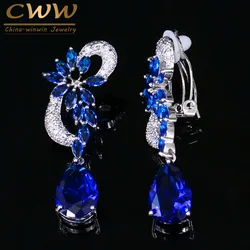 CWWZircons-pendientes de Clip sin agujero para mujer, aretes de cristal con forma de flor de circonia cúbica, color azul real, sin perforaciones, Estilo Vintage, novia, CZ023